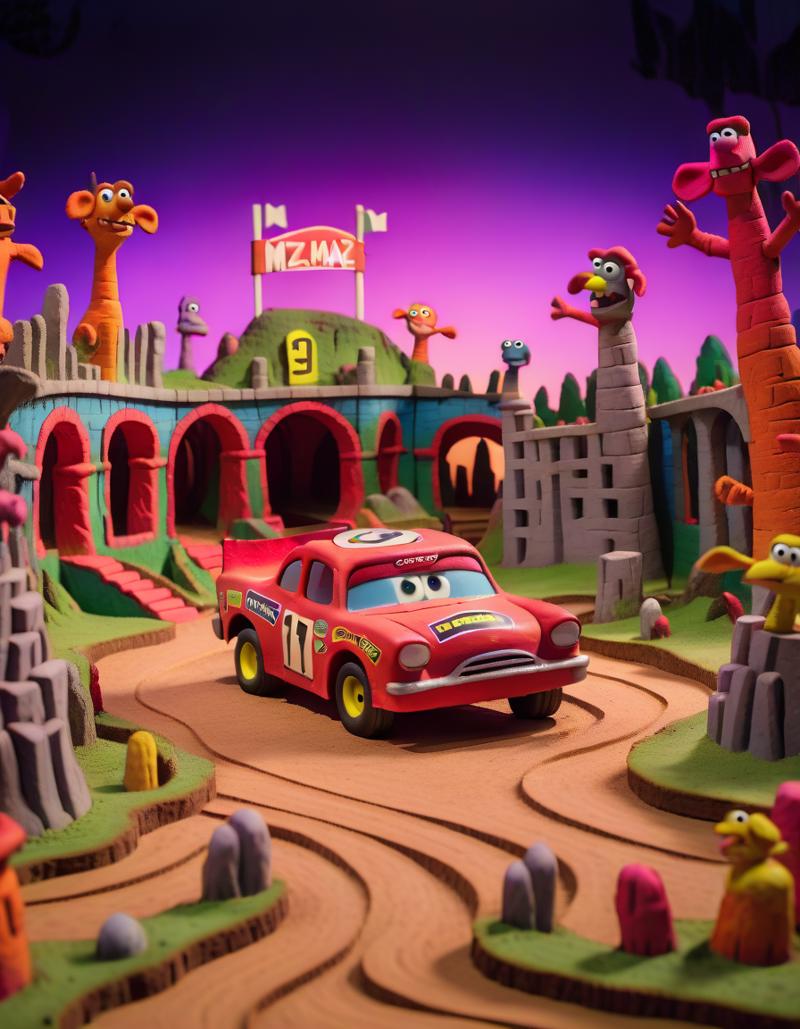 03326-3444737364-claymation, a Stock car in The Mirror Maze landscape at Dusk _lora_CLAYMATE_V2.03__0.8_.png